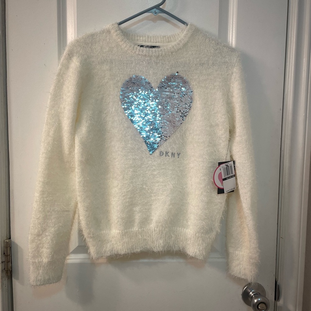 DKNY Women's White Sweater with Silver Heart